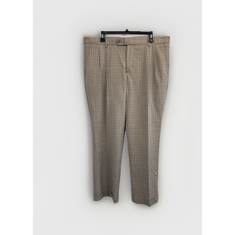 Nautica Mens 38X29 Classic-Fit Wool Blend Dress Pants Pleated Cuffed Beige Check